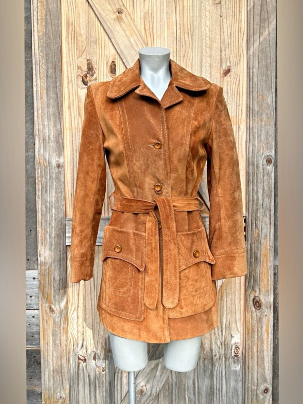 Vintage Retro 70s Mod Burnt Orange Suede Boho Mid Length Trench Coat~S~
